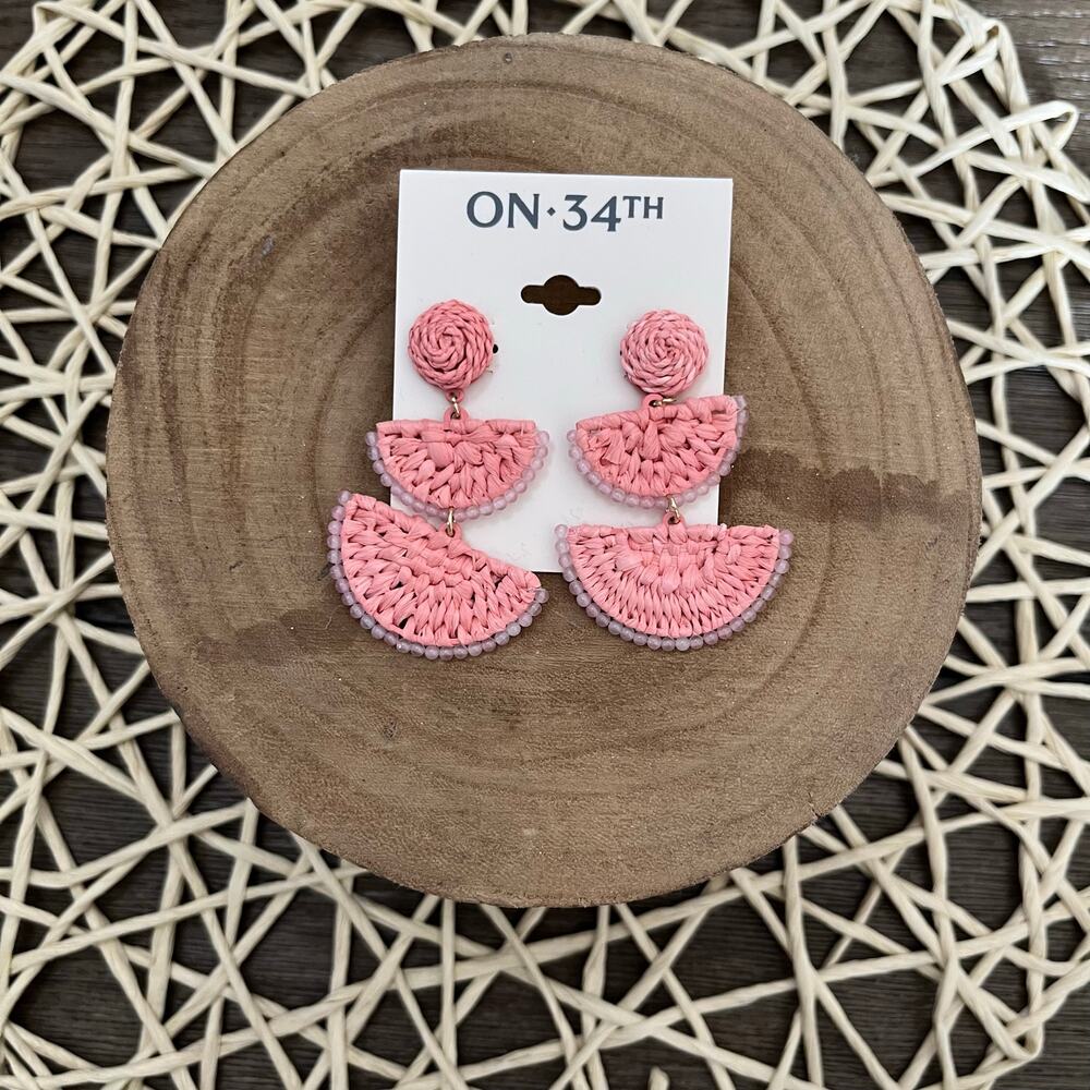 ON 34th Pink Gold-Tone Stone Bead & Woven Raffia Drop Earrings - Picture 2 of 3